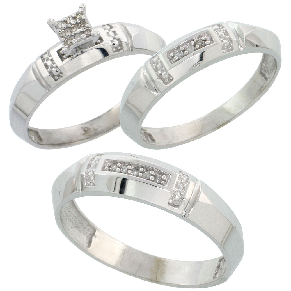 Sterling Silver Diamond Trio Wedding Ring Set His 5.5mm &amp; Hers 4mm Rhodium finish, Men&#039;s Size 8 to 14