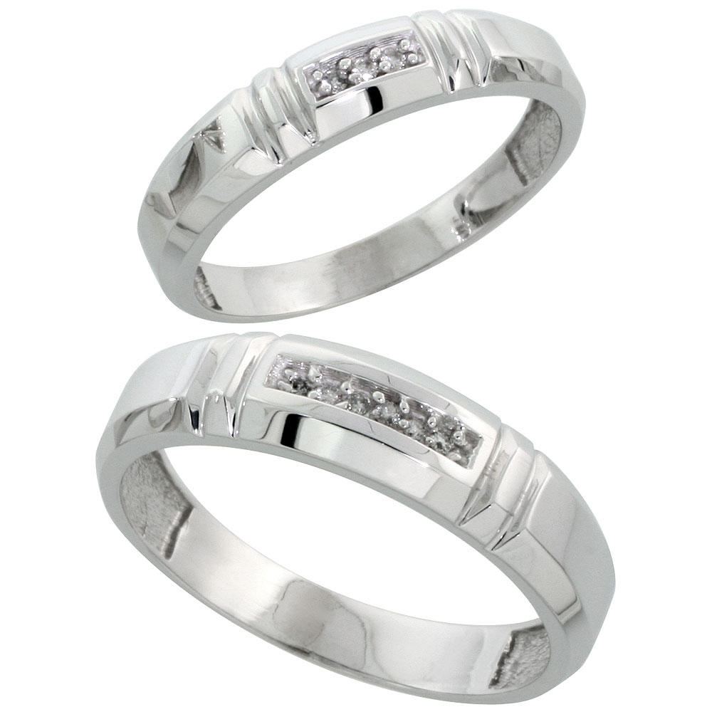 Sterling Silver Diamond 2 Piece Wedding Ring Set His 5.5mm &amp; Hers 4mm Rhodium finish, Men&#039;s Size 8 to 14