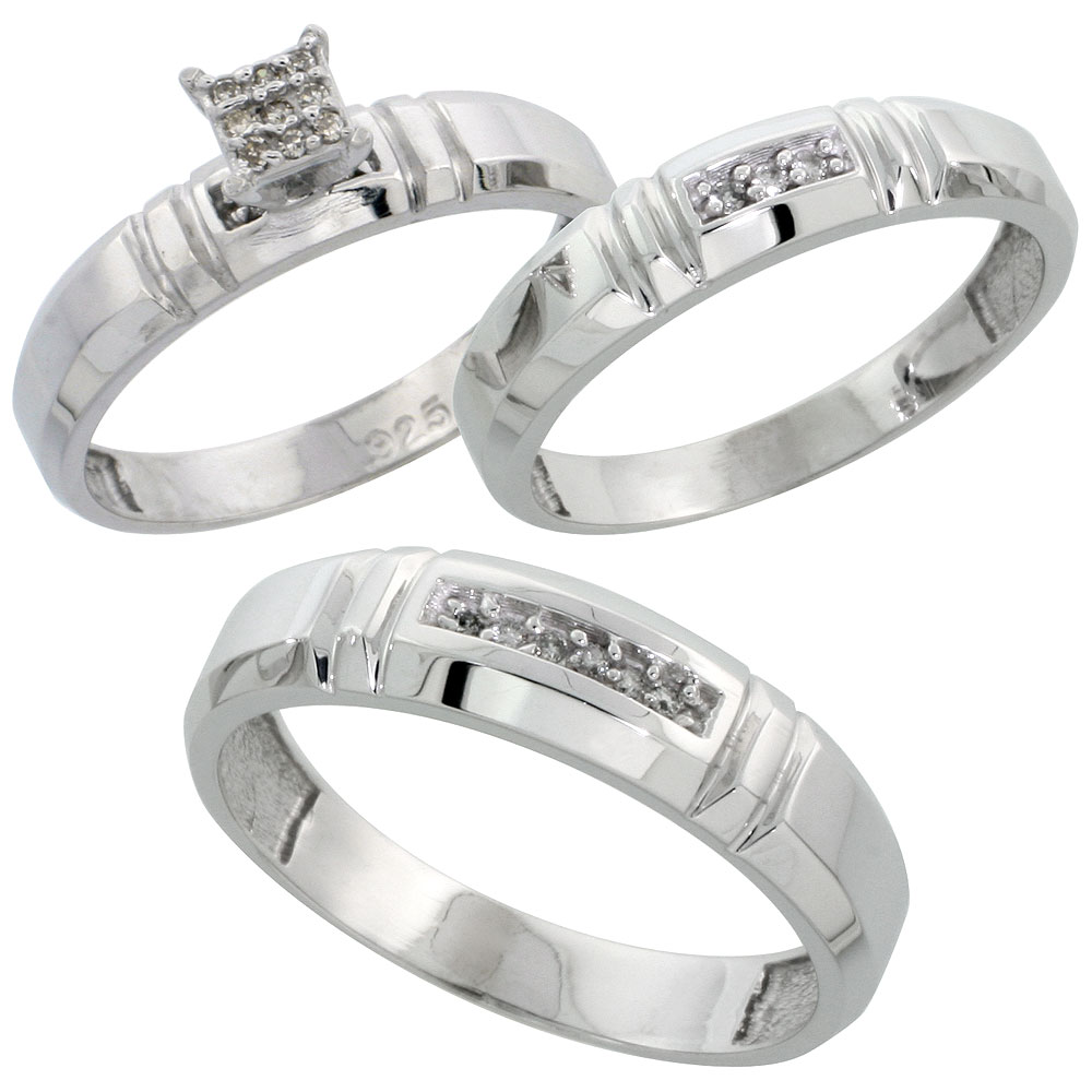 Sterling Silver Diamond Trio Wedding Ring Set His 5.5mm &amp; Hers 4mm Rhodium finish, Men&#039;s Size 8 to 14