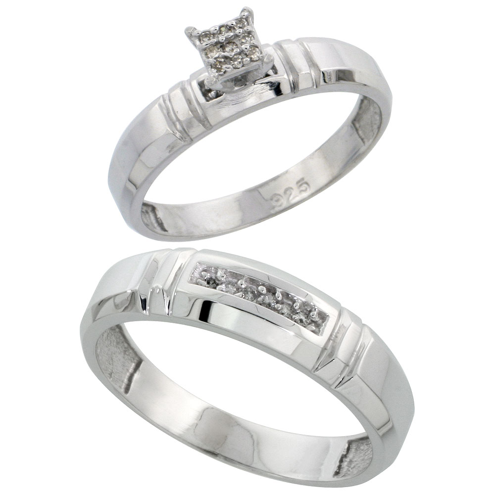 Sterling Silver 2-Piece Diamond wedding Engagement Ring Set for Him and Her Rhodium finish, 4mm &amp; 5.5mm wide
