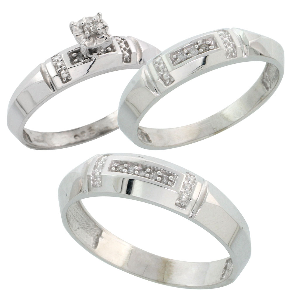 Sterling Silver 3-Piece Trio His (5.5mm) &amp; Hers (4mm) Diamond Wedding Band Set, w/ 0.10 Carat Brilliant Cut Diamonds; (Ladies Size 5 to10; Men&#039;s Size 8 to 14)