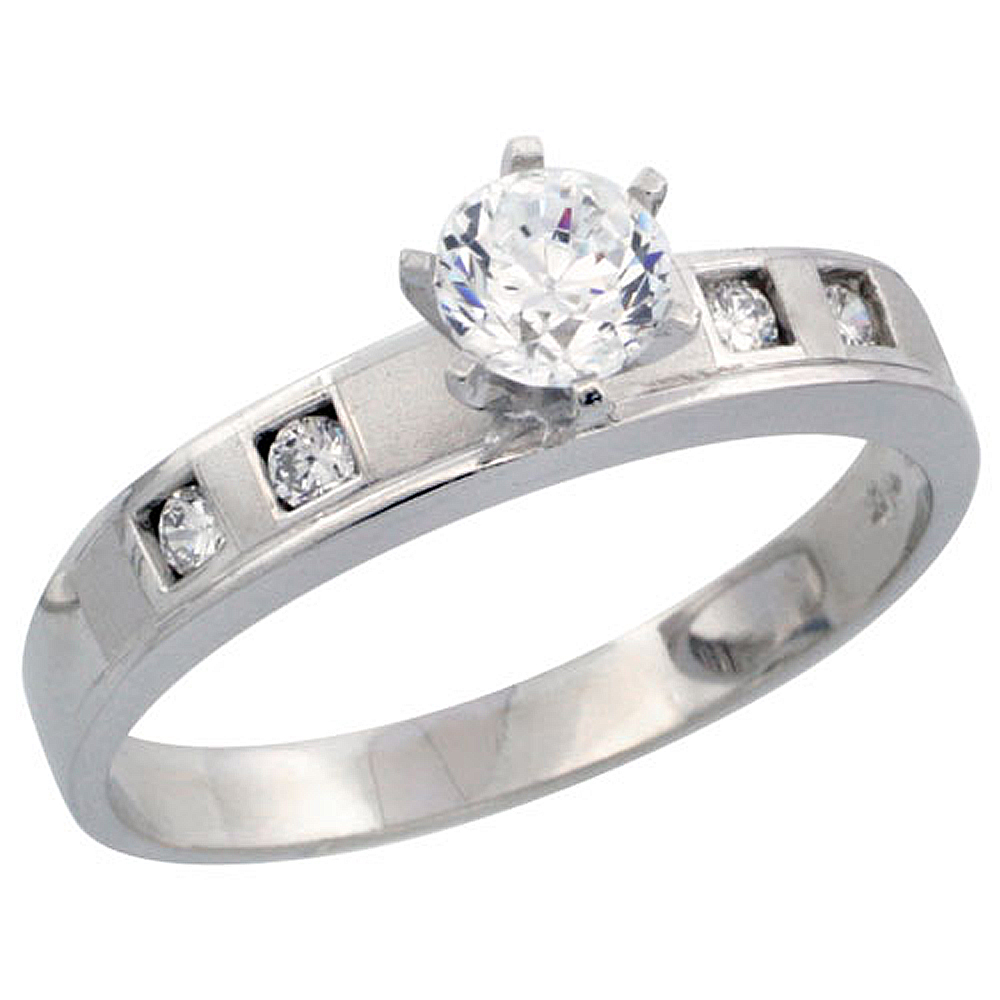 Sterling Silver Engagement Ring CZ Stones Rhodium Finish 5/32 in. 4 mm, sizes 5 to 10