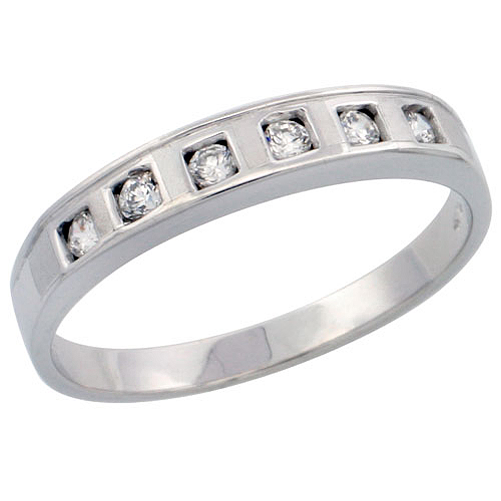 STERLING SILVER LADIES' WEDDING RING CZ STONES RHODIUM FINISH, 5/32 IN. 4 MM, SIZES 5 TO 10