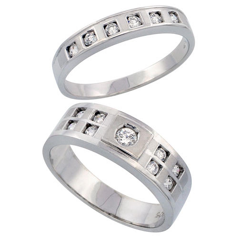 STERLING SILVER 2-PIECE HIS 7 MM & HERS 4 MM WEDDING RING SET CZ STONES RHODIUM FINISH, LADIES SIZES 5 - 10, MENS SIZES 8 - 14