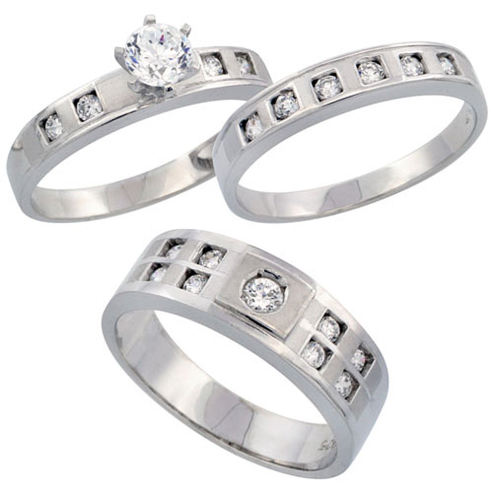 STERLING SILVER 3-PIECE HIS 7 MM & HERS 4 MM TRIO WEDDING RING SET CZ STONES RHODIUM FINISH, LADIES SIZES 5 - 10, MENS SIZES 8 - 14