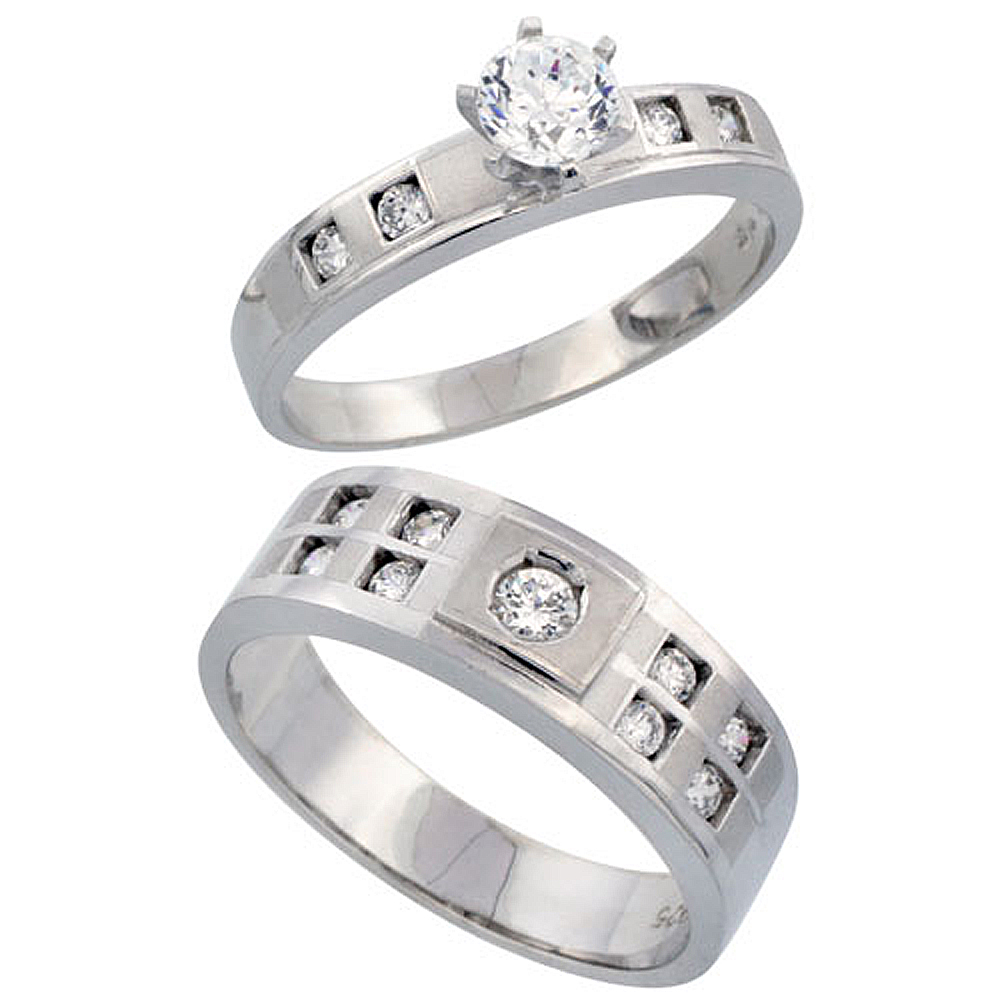 Sterling Silver 2-Piece His 7mm &amp; Her 4mm Engagement Ring Set CZ Stones Rhodium finish, Ladies sizes 5 - 10, Mens sizes 8 - 14