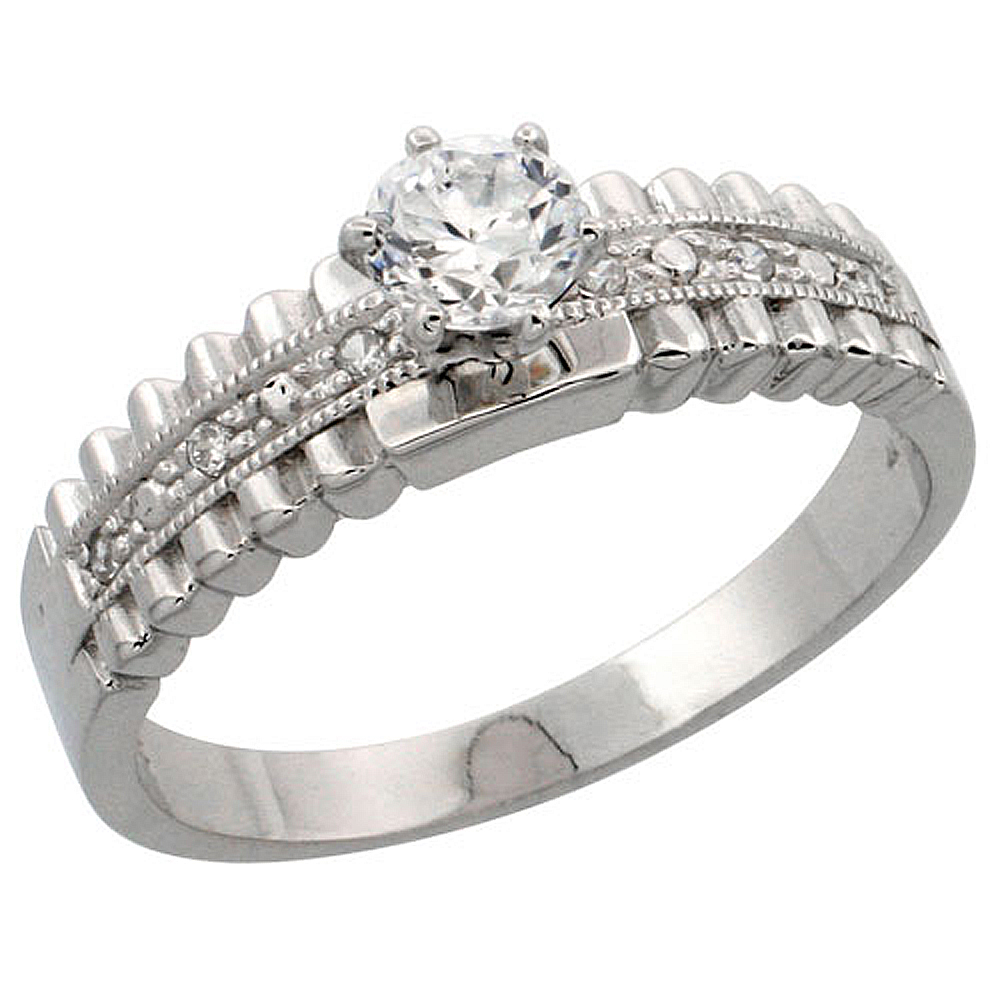 STERLING SILVER ENGAGEMENT RING CZ STONES 1/4 IN. 6 MM, SIZES 5 TO 10