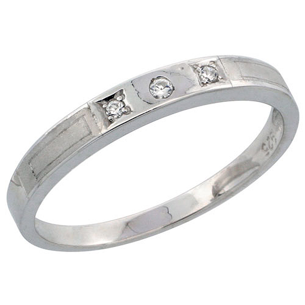 STERLING SILVER LADIES' WEDDING RING CZ STONES RHODIUM FINISH, 1/8 IN. 3 MM, SIZES 5 - 10
