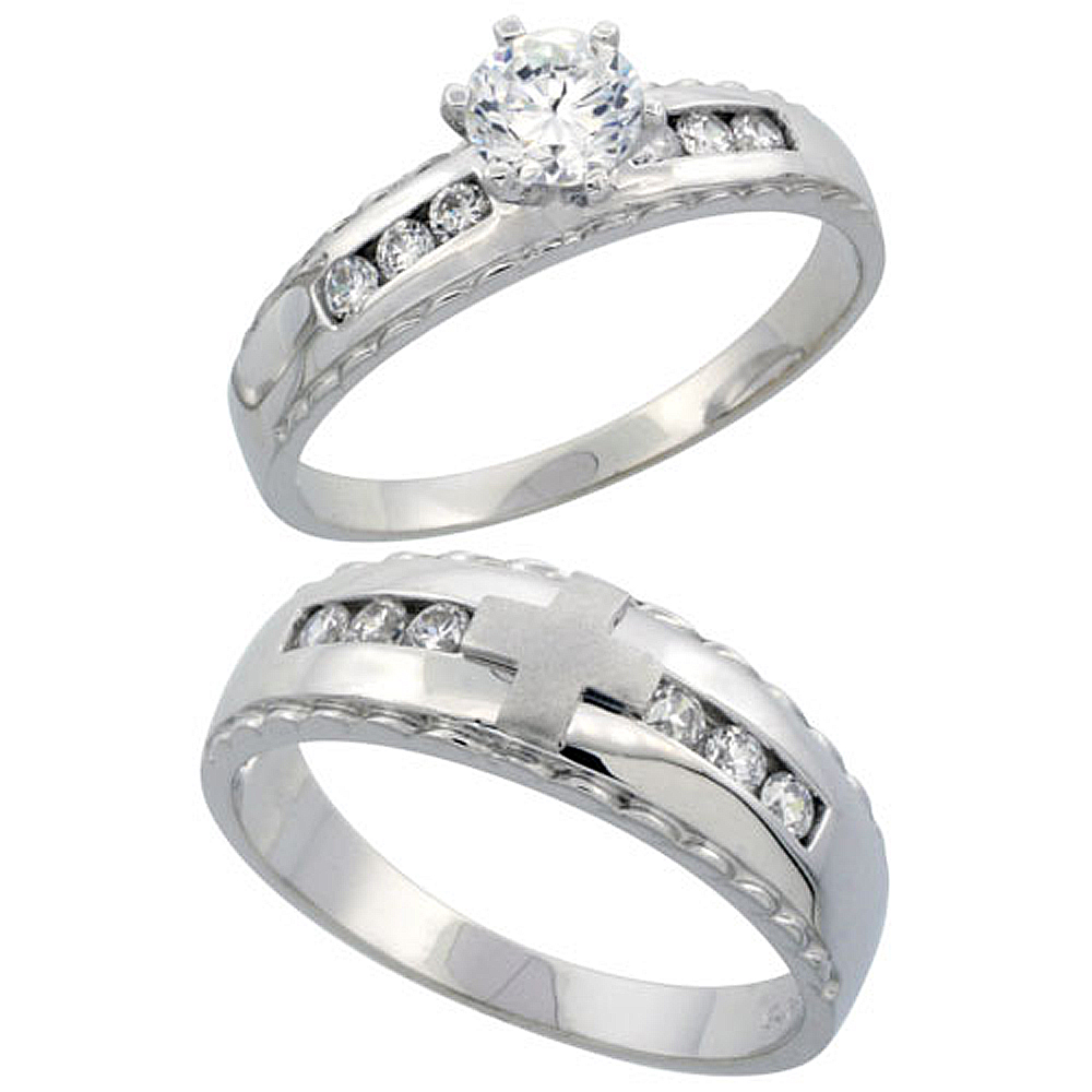 STERLING SILVER 2-PIECE CZ RING SET 5MM ENGAGEMENT RING & 7MM MAN'S WEDDING BAND, LADIES SIZES 5 - 10, MENS SIZES 8 - 14