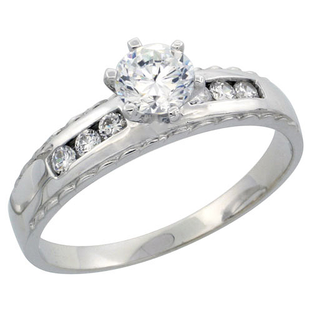 Sterling Silver Engagement Ring CZ Stones 3/16 in. 5 mm, sizes 5 to 10