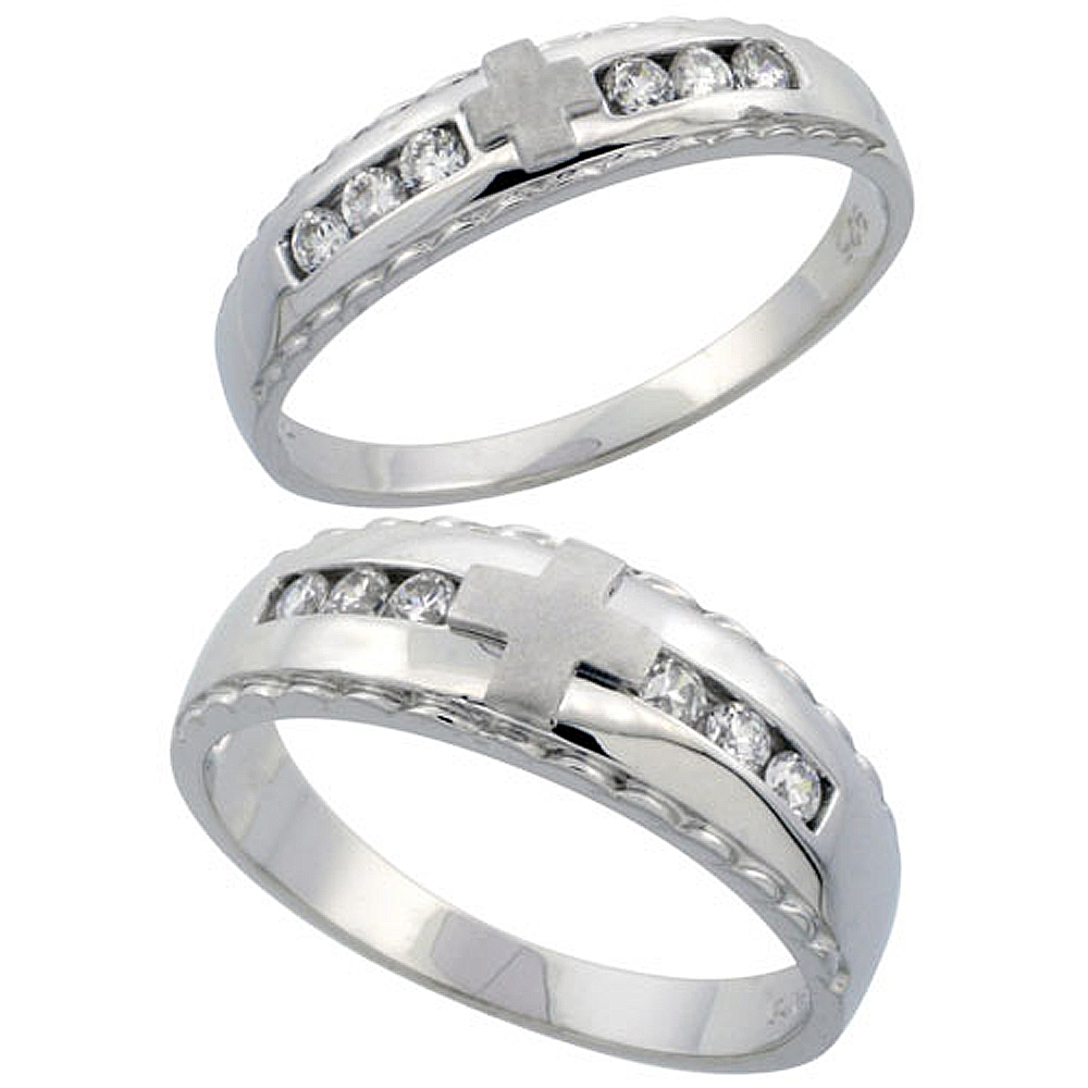 STERLING SILVER 2-PIECE HIS 7 MM & HERS 5 MM WEDDING RING SET CZ STONES RHODIUM FINISH, LADIES SIZES 5 - 10, MENS SIZES 8 - 14