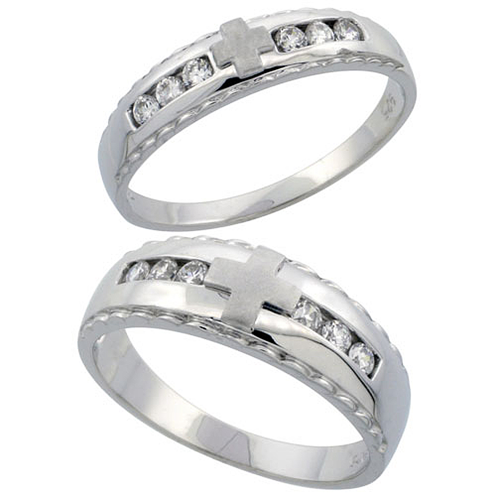 Sterling Silver 2-Piece His 7 mm & Hers 5 mm Wedding Ring Set CZ Stones Rhodium Finish, Ladies sizes 5 - 10, Mens sizes 8 - 14