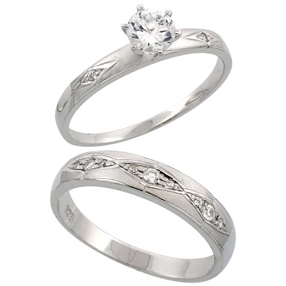 Sterling Silver 2-Piece CZ Ring Set 3mm Engagement Ring & 4.5mm Man's Wedding Band, Ladies sizes 5 - 10, Mens sizes 8 - 14
