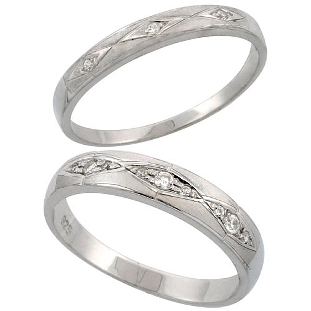 STERLING SILVER 2-PIECE HIS 4.5 MM & HERS 3 MM WEDDING RING SET CZ STONES RHODIUM FINISH, LADIES SIZES 5 - 10, MENS SIZES 8 - 14