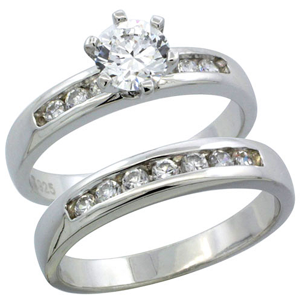 STERLING SILVER CUBIC ZIRCONIA LADIES� ENGAGEMENT RING SET 2-PIECE CLASSIC CHANNEL SET, 1/8 INCH WIDE
