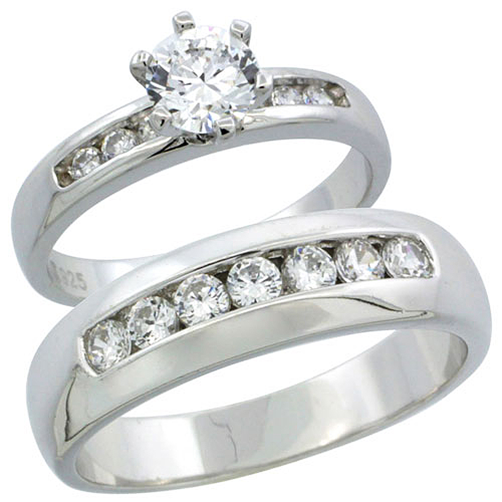 STERLING SILVER CUBIC ZIRCONIA ENGAGEMENT RINGS SET FOR HIM & HER CLASSIC CHANNEL SET 6MM MAN'S WEDDING BAND )