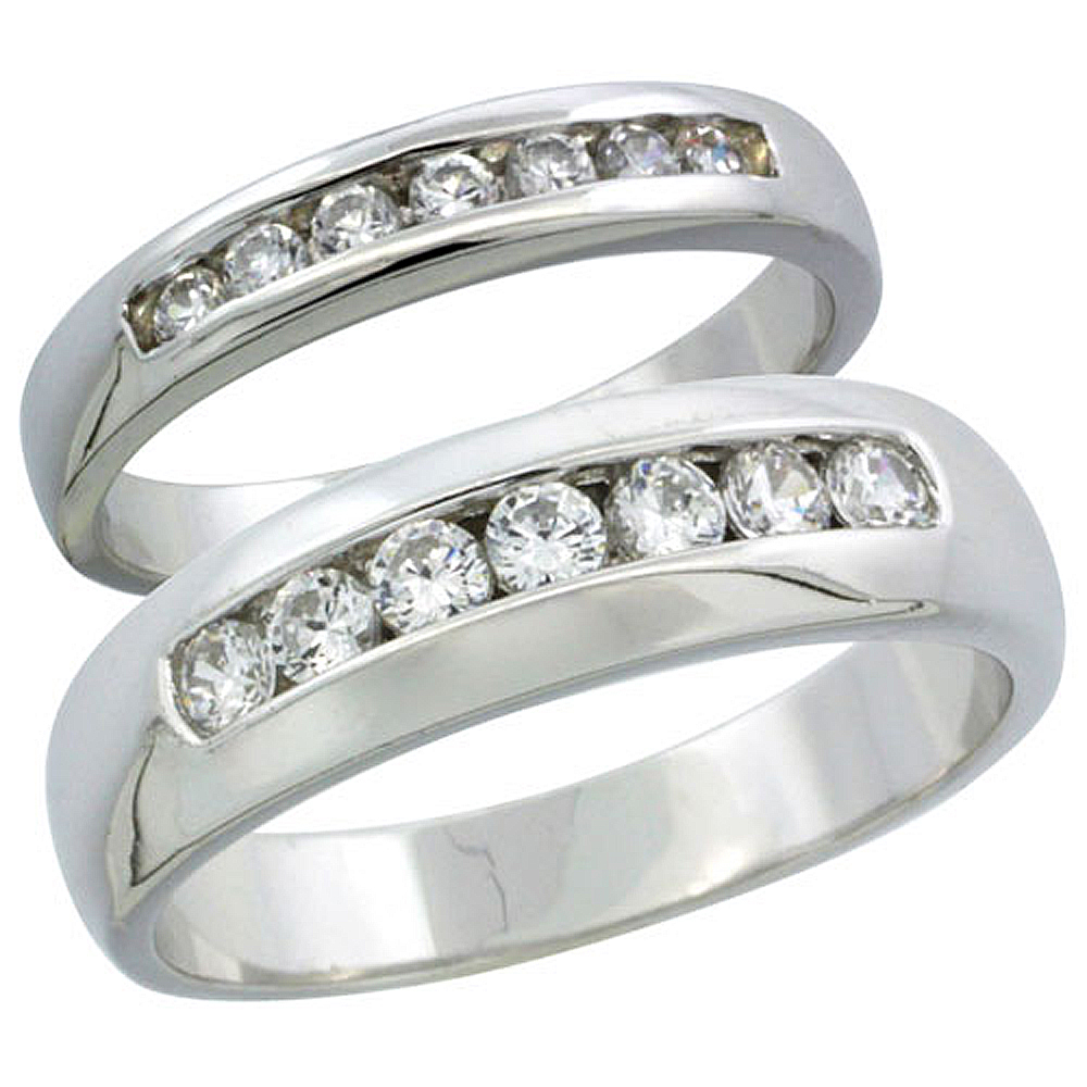 STERLING SILVER CUBIC ZIRCONIA WEDDING BAND RING 2-PIECE SET 6 MM HIM & HERS 3.5 MM CLASSIC CHANNEL SET, SIZES M 8-14 L 5-10