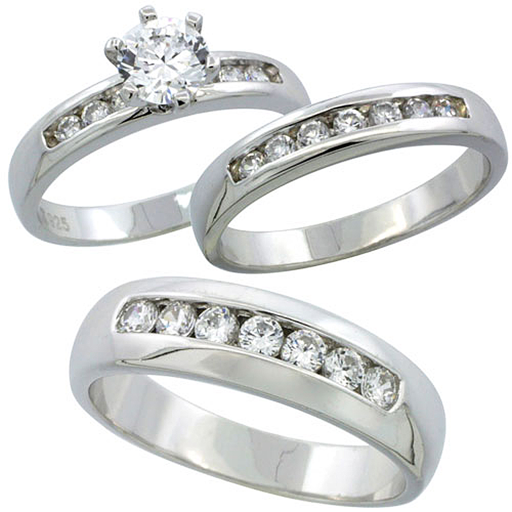 STERLING SILVER CUBIC ZIRCONIA TRIO ENGAGEMENT WEDDING RING SET FOR HIM AND HER 6 MM CLASSIC CHANNEL SET, L 5 - 10 & M 8 - 14