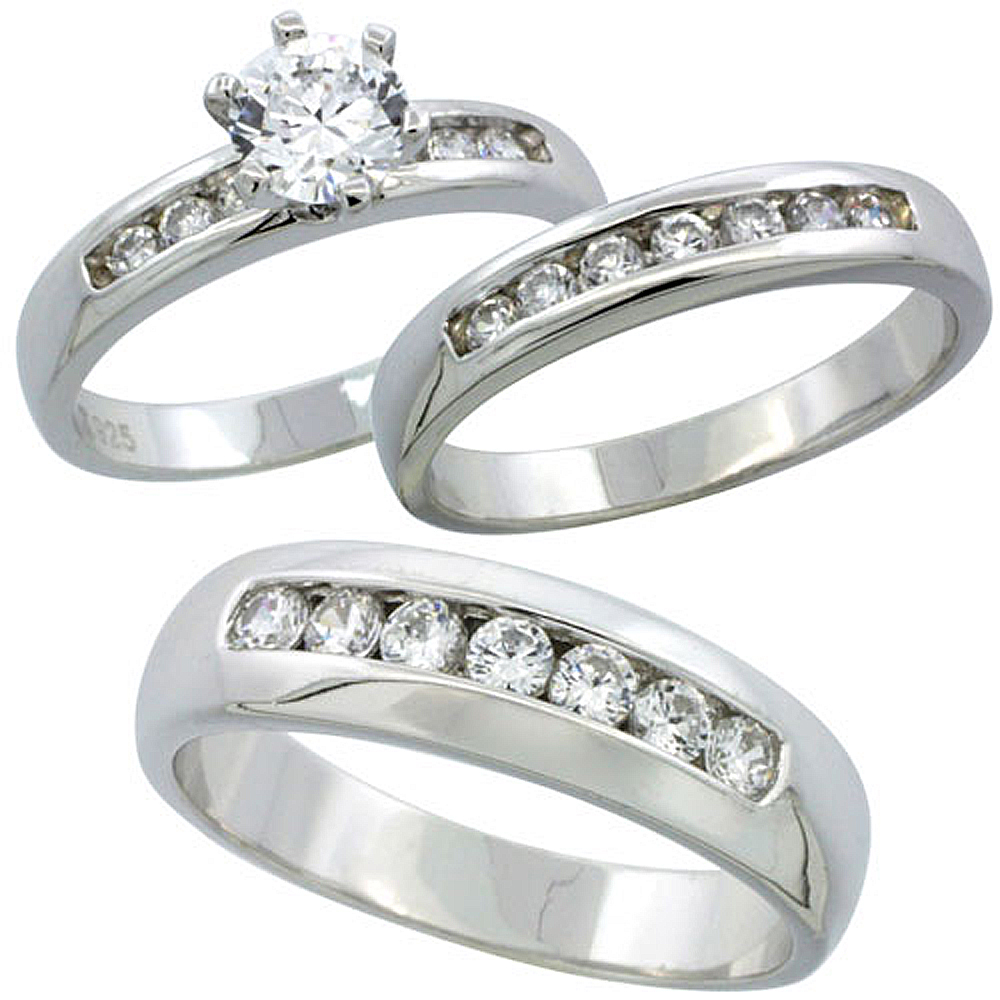 Sterling Silver Cubic Zirconia Trio Engagement Wedding Ring Set for Him and Her 6 mm Classic Channel Set, L 5 - 10 & M 8 - 14