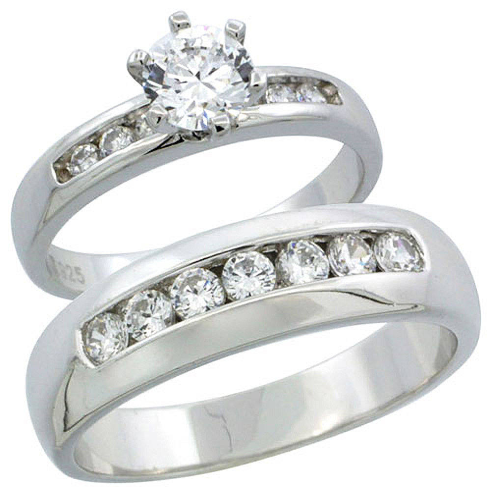 Sterling Silver Cubic Zirconia Engagement Rings Set for Him & Her Classic Channel Set 6mm Man's Wedding Band )
