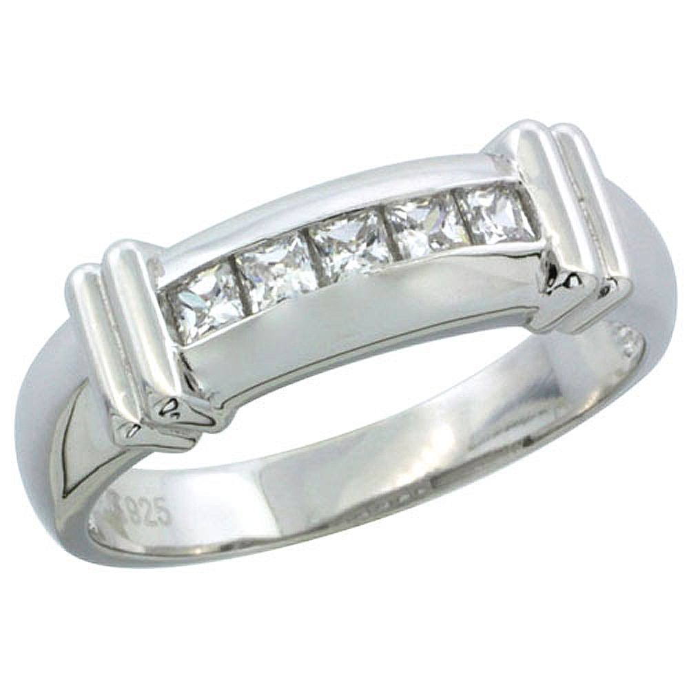 Sterling Silver Cubic Zirconia Mens Wedding Band Ring Channel Set Princess, 1/4 inch wide
