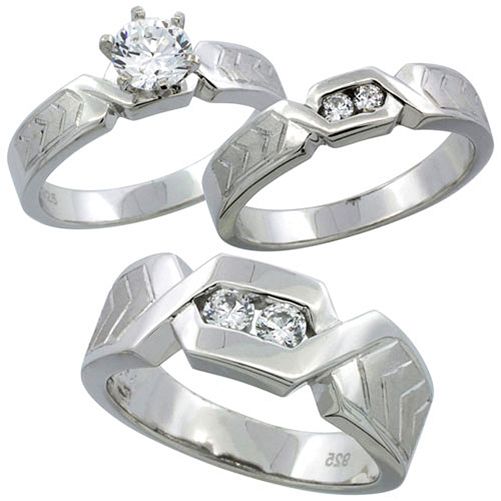 Sterling Silver Cubic Zirconia Trio Engagement Wedding Ring Set for Him and Her 7.5 mm Chevron Pattern Channel Set, L 5 - 10 & M