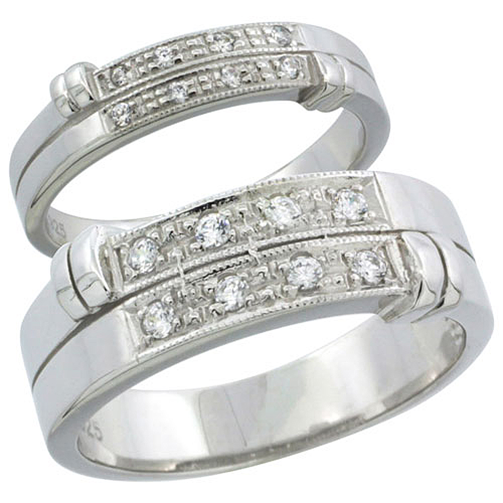 Sterling Silver Cubic Zirconia Wedding Band Ring 2-Piece Set 7 mm Him &amp; Hers 4.5 mm, Sizes M 8-14 L 5-10