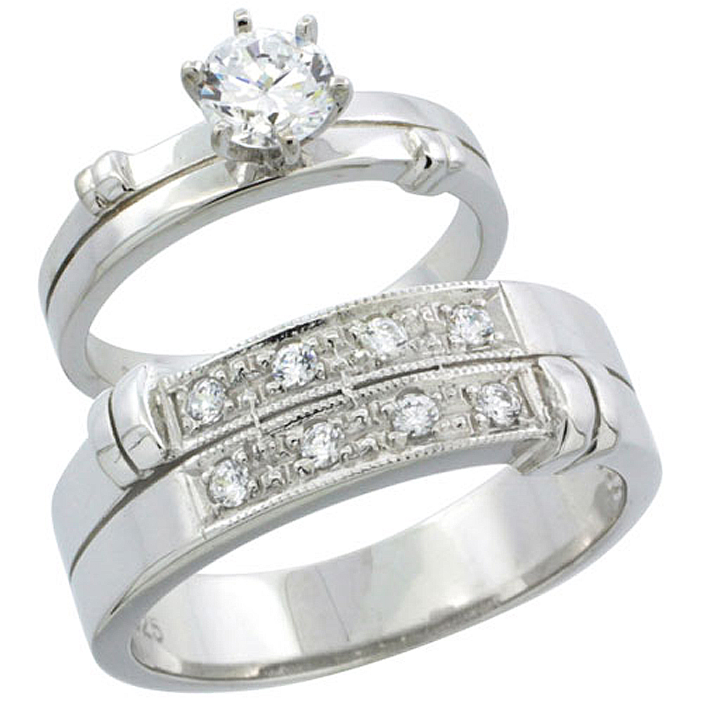 Sterling Silver Cubic Zirconia Engagement Rings Set for Him &amp; Her 7mm Man&#039;s Wedding Band )