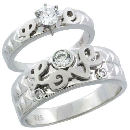 Sterling Silver Cubic Zirconia Engagement Rings Set for Him &amp; Her 7mm Man&#039;s Wedding Band