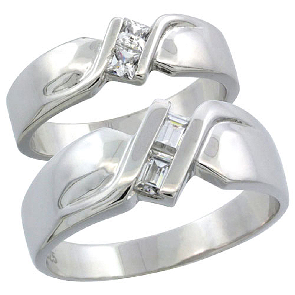 Sterling Silver Cubic Zirconia Wedding Band Ring 2-Piece Set 6 mm Him &amp; Hers 4 mm, Sizes M 8-14 L 5-10