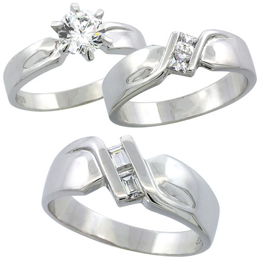 Sterling Silver Cubic Zirconia Trio Engagement Wedding Ring Set for Him and Her 6 mm, L 5 - 10 &amp; M 8 - 14