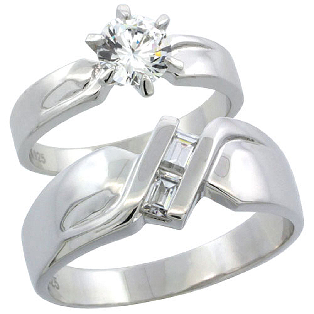 Sterling Silver Cubic Zirconia Engagement Rings Set for Him &amp; Her 6mm Man&#039;s Wedding Band )
