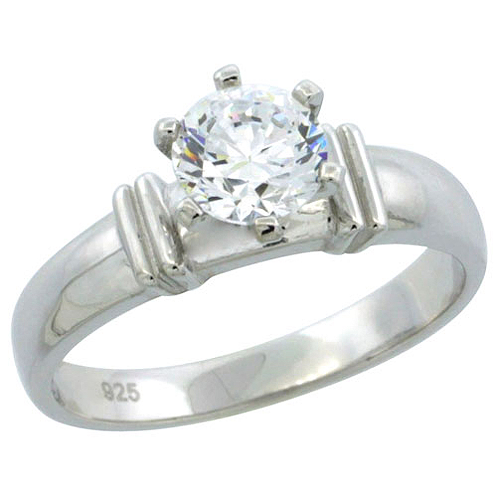 Sterling Silver Cubic Zirconia Solitaire Engagement Ring 1 ct size Brilliant cut, 3/16 inch wide