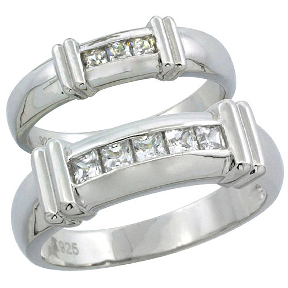 Sterling Silver Cubic Zirconia Wedding Band Ring 2-Piece Set 6.5 mm Him &amp; Hers 5 mm Channel Set Princess, Sizes M 8-14 L 5-10