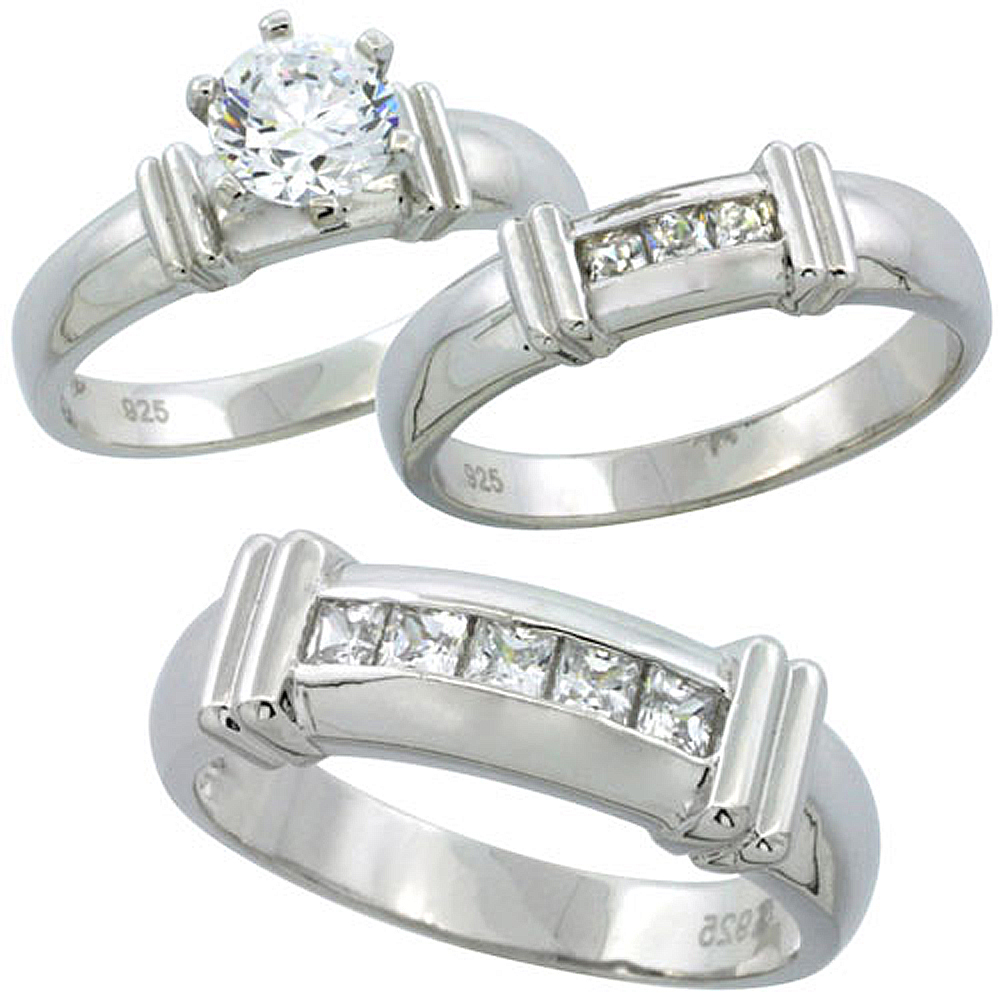 Sterling Silver Cubic Zirconia Trio Engagement Wedding Ring Set for Him and Her 6.5 mm Channel Set Princess, L 5 - 10 &amp; M 8 - 14