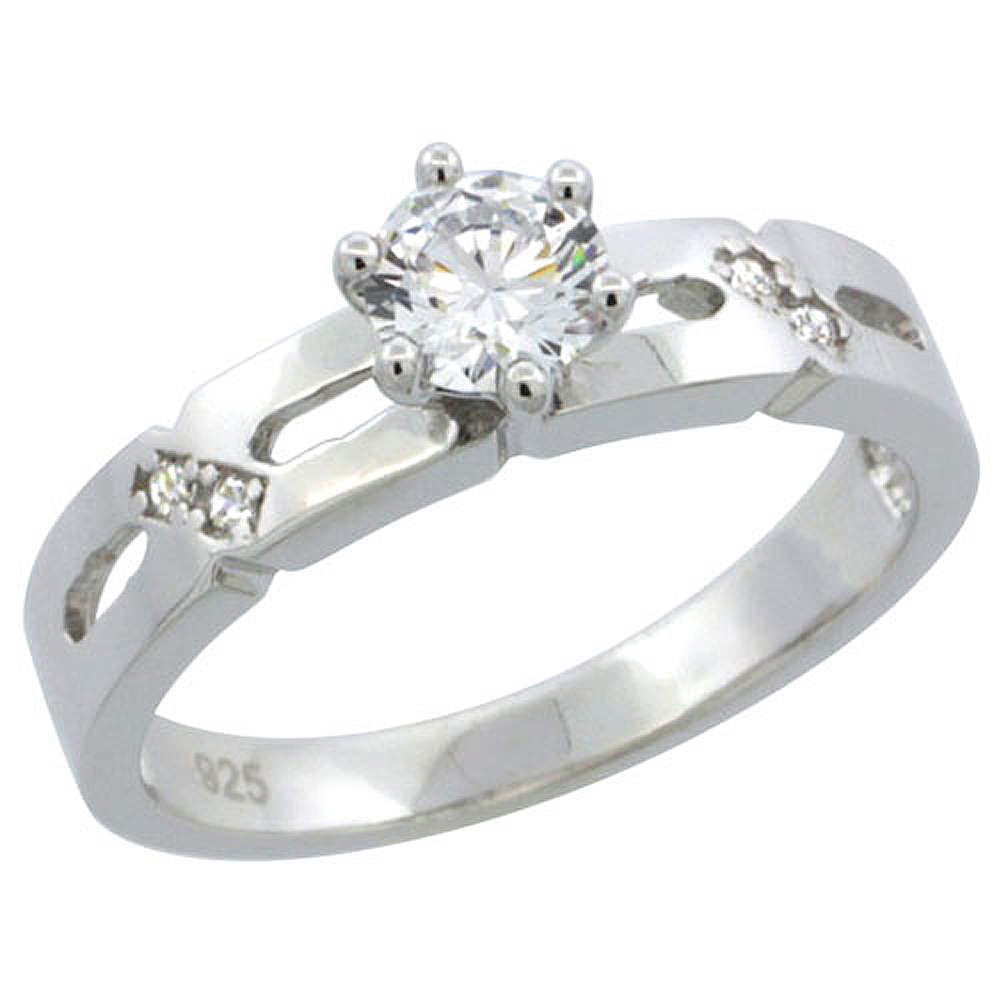 Sterling Silver Cubic Zirconia Solitaire Engagement Ring 1/2 ct size Brilliant cut, 5/32 inch wide