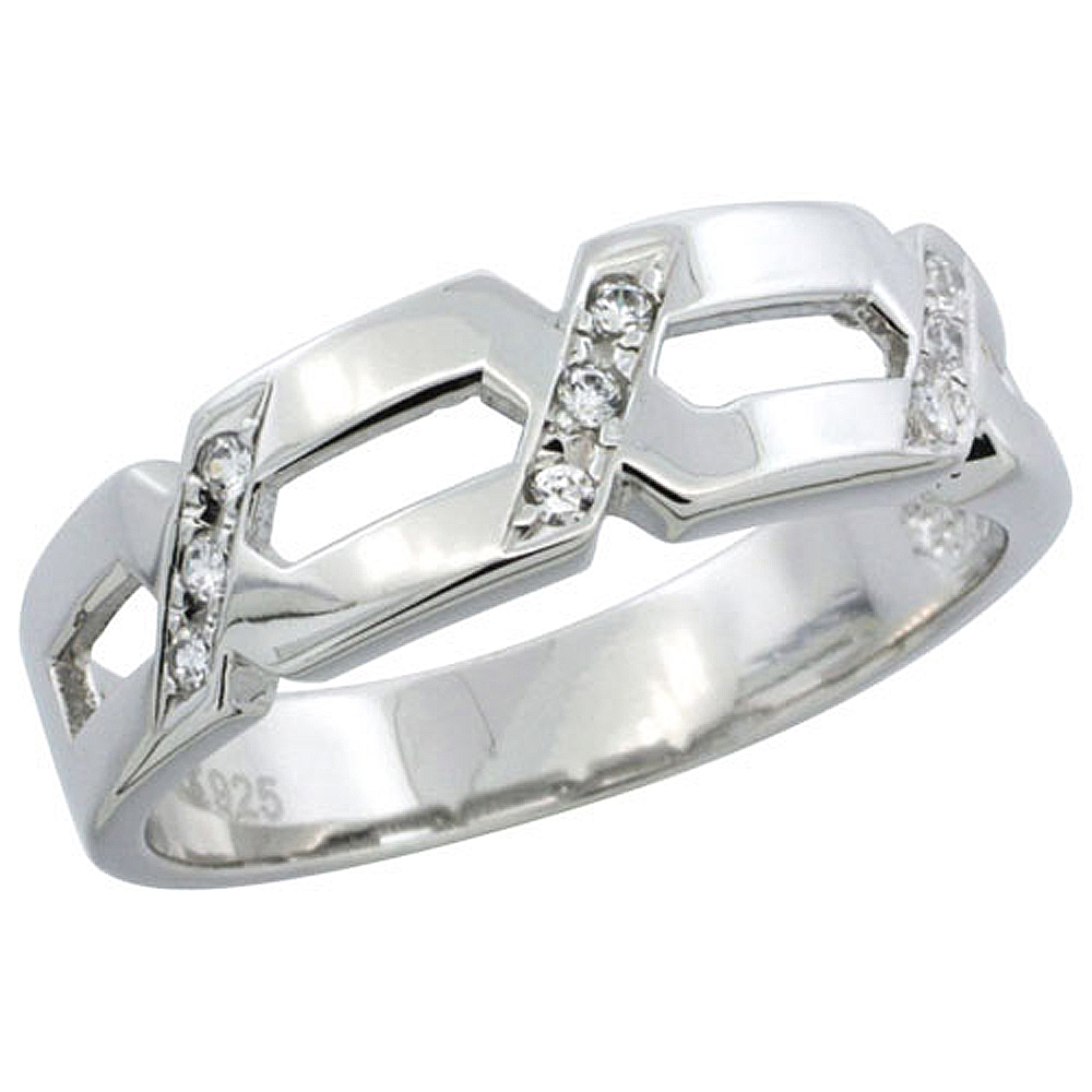 Sterling Silver Cubic Zirconia Mens Wedding Band Ring, 1/4 inch wide