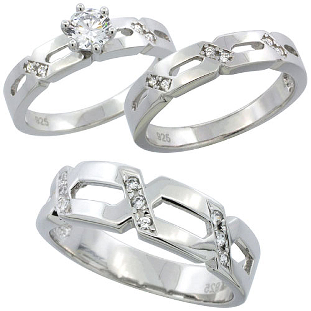 Sterling Silver Cubic Zirconia Trio Engagement Wedding Ring Set for Him and Her 6.5 mm, L 5 - 10 &amp; M 8 - 14