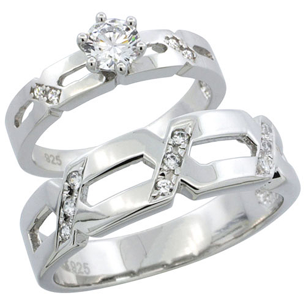 Sterling Silver Cubic Zirconia Engagement Rings Set for Him &amp; Her 6.5mm Man&#039;s Wedding Band )