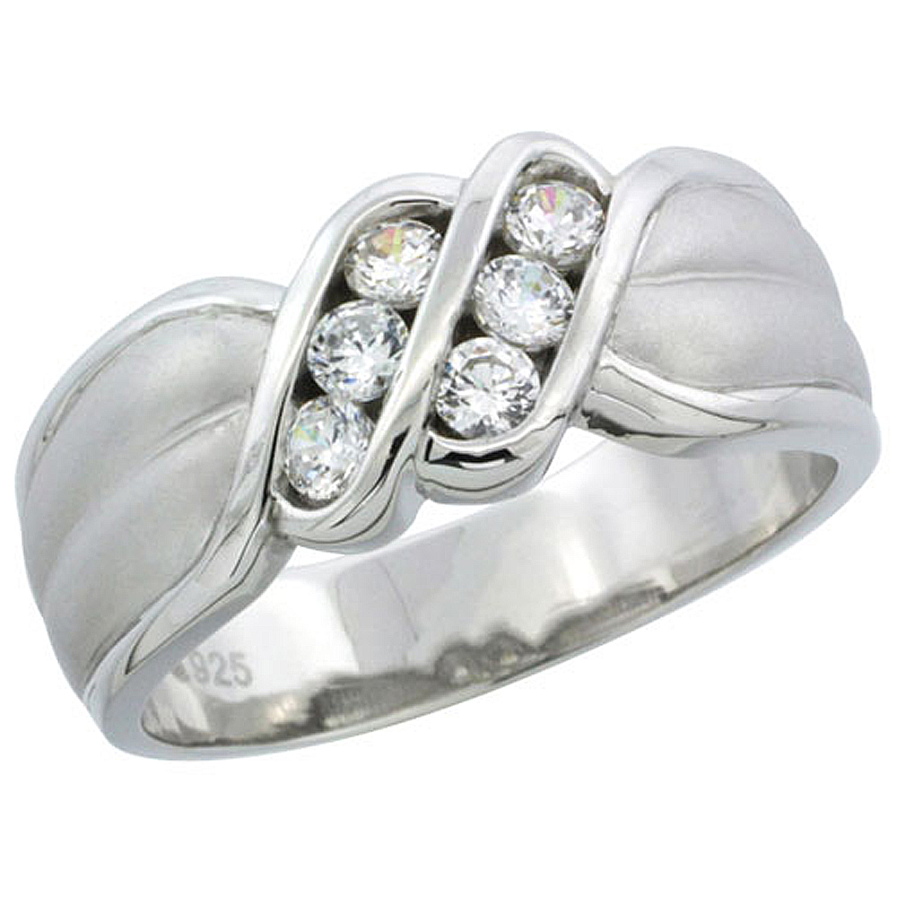 Sterling Silver Cubic Zirconia Mens Wedding Band Ring Channel Set, 5/16 inch wide