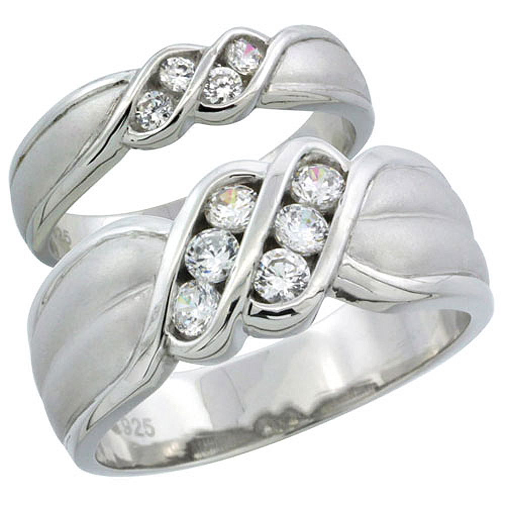 Sterling Silver Cubic Zirconia Wedding Band Ring 2-Piece Set 8 mm Him & Hers 4.5 mm Channel Set, Sizes M 8-14 L 5-10