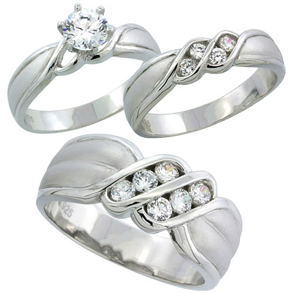Sterling Silver Cubic Zirconia Trio Engagement Wedding Ring Set for Him and Her 8 mm Channel Set, L 5 - 10 & M 8 - 14
