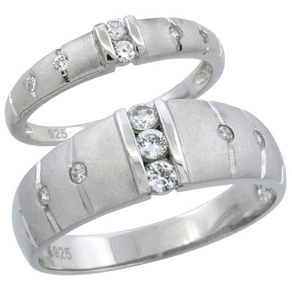Sterling Silver Cubic Zirconia Wedding Band Ring 2-Piece Set 7.5 mm Him & Hers 3.5 mm Channel Set, Sizes M 8-14 L 5-10