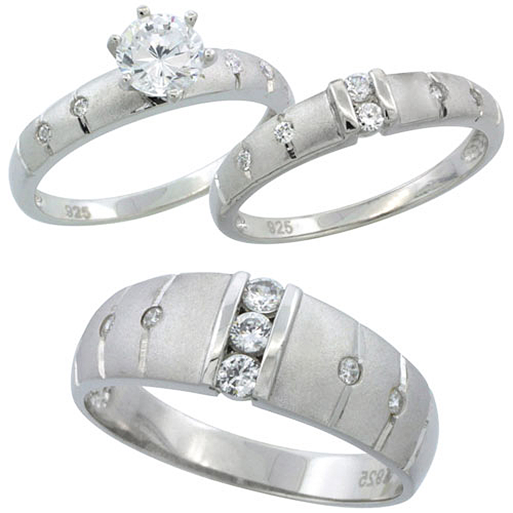 Sterling Silver Cubic Zirconia Trio Engagement Wedding Ring Set for Him and Her 7.5 mm Channel Set, L 5 - 10 &amp; M 8 - 14