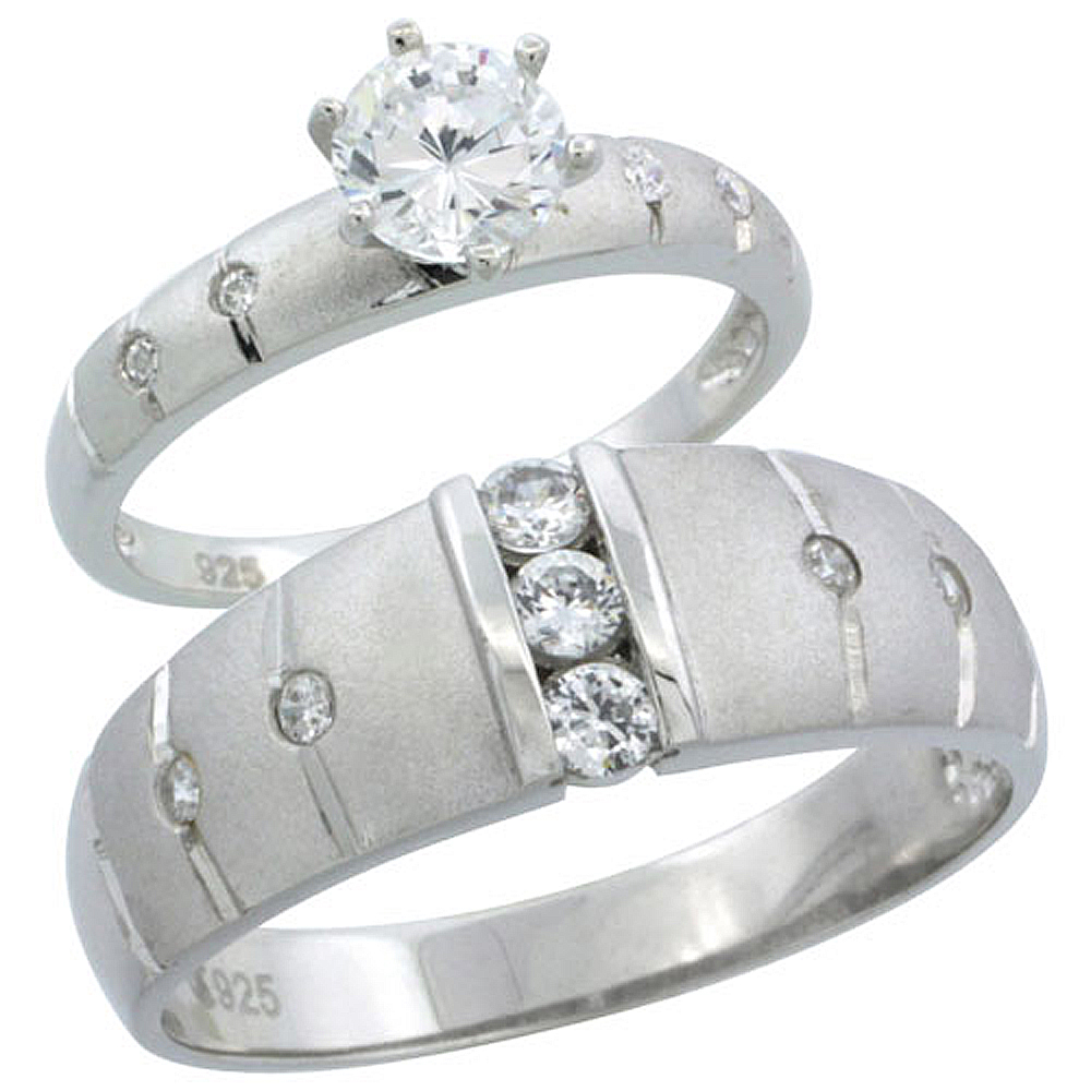 Sterling Silver Cubic Zirconia Engagement Rings Set for Him & Her 1/2 ct size Man's Wedding Band )