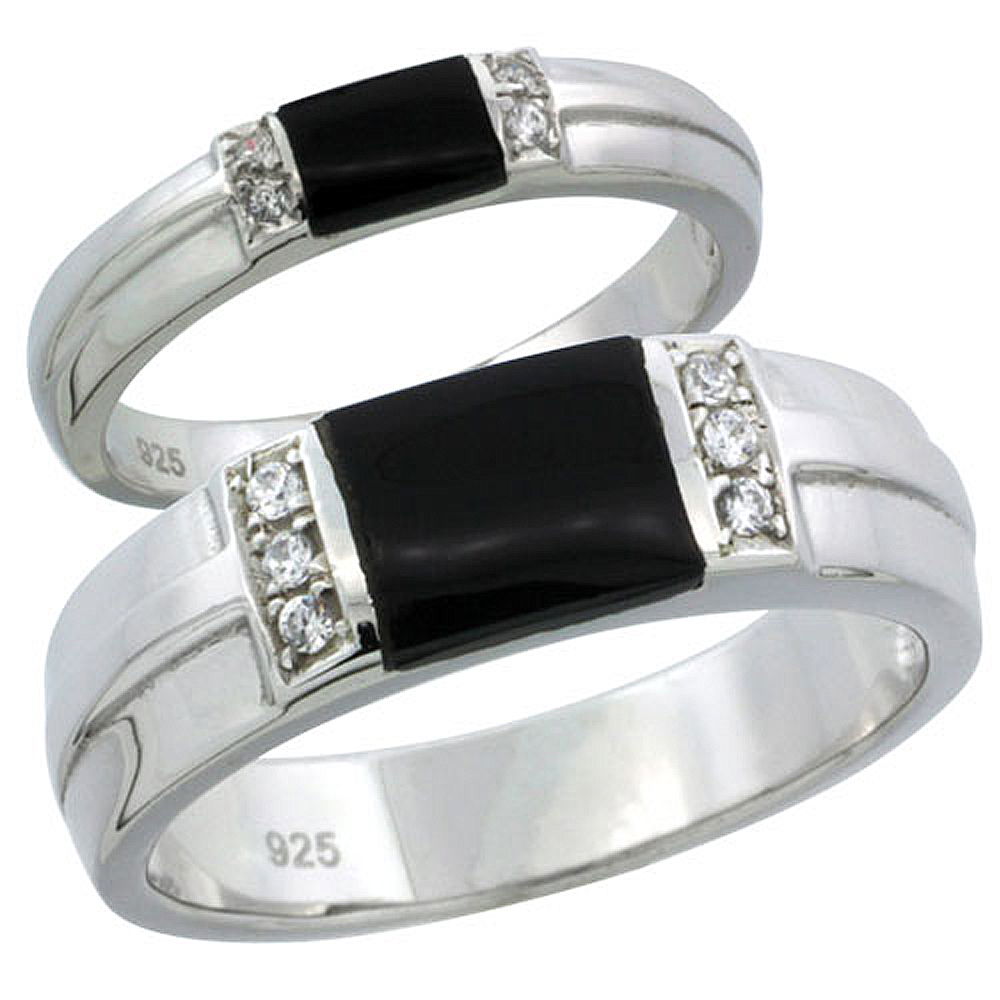 Sterling Silver Cubic Zirconia Wedding Band Ring 2-Piece Set 6.5 mm Him &amp; Hers 3.5 mm Black Onyx, Sizes M 8-14 L 5-10