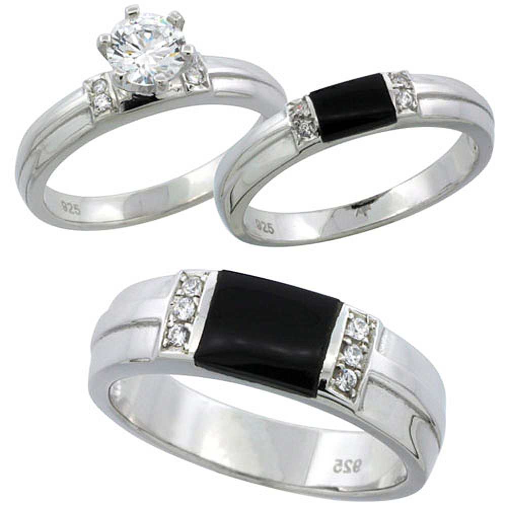 STERLING SILVER CUBIC ZIRCONIA TRIO ENGAGEMENT WEDDING RING SET FOR HIM AND HER 6.5 MM BLACK ONYX, L 5 - 10 & M 8 - 14