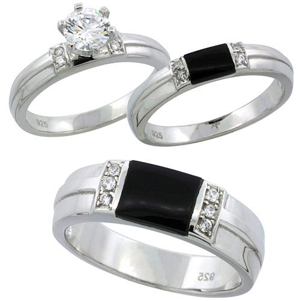 Sterling Silver Cubic Zirconia Trio Engagement Wedding Ring Set for Him and Her 6.5 mm Black Onyx, L 5 - 10 & M 8 - 14