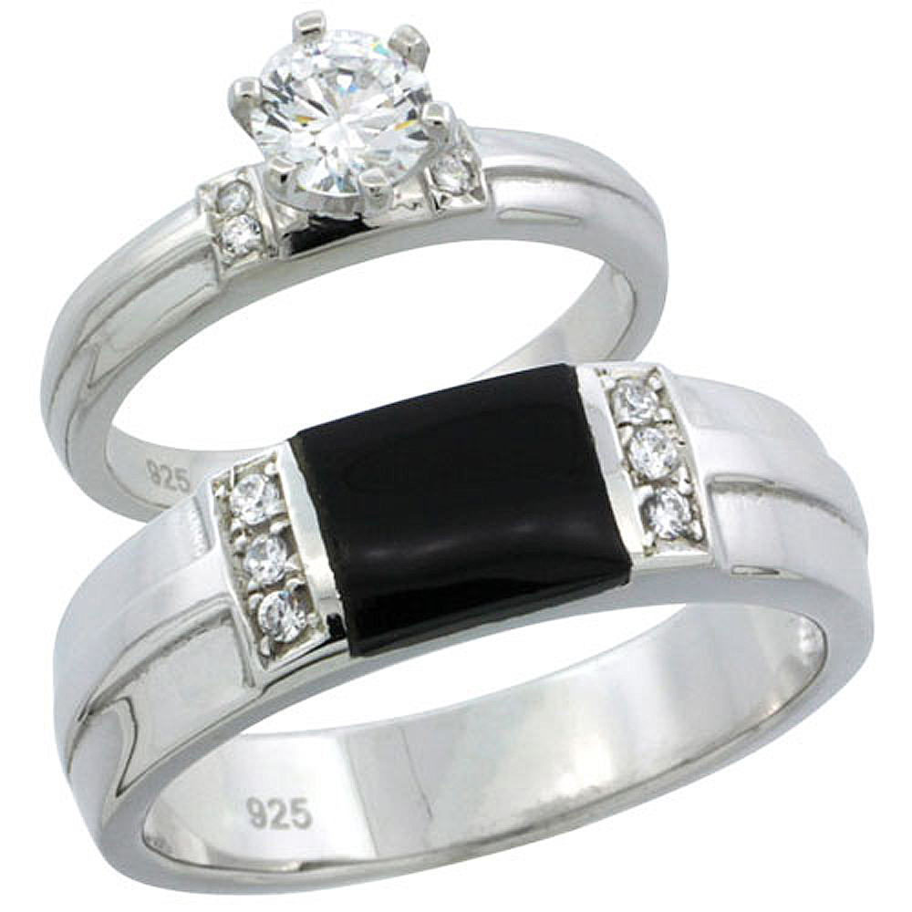 Sterling Silver Cubic Zirconia Engagement Rings Set for Him & Her 1 ct size Man's Wedding Band )
