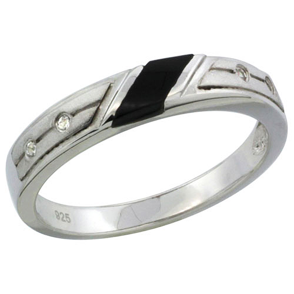 Sterling Silver Cubic Zirconia Ladies&#039; Wedding Band Ring Black Onyx, 1/8 inch wide